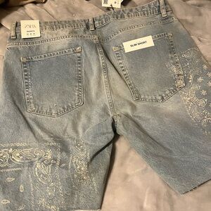 Zara Light Blue Slim Paisley-Print Jean Shorts